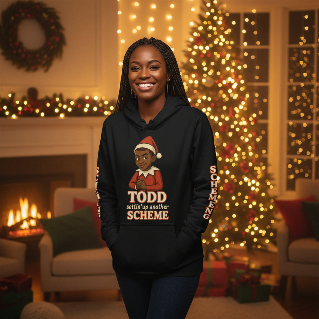 Todd Setting Up Another Scheme Hoodie — Funny Holiday Elf Graphic Hooded Tee